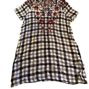 Johnny Was Workshop 3J FAB! Embroidered Plaid Red Beige Drape Tunic Dress Size S